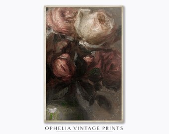 Stampa artistica floreale vintage da parete, dipinto di natura morta con rose, decorazioni primaverili, arte murale botanica malinconica, stampabile vintage, arte di cottage di campagna