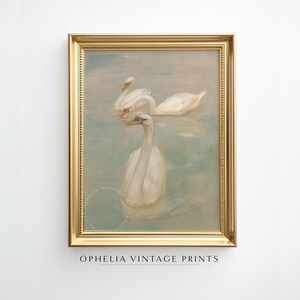 Vintage Swan Wall Art Print, Nursery Art, Farmhouse Printable, Coquette Decor, Grandmillennial Style Painting, Swan Painting
