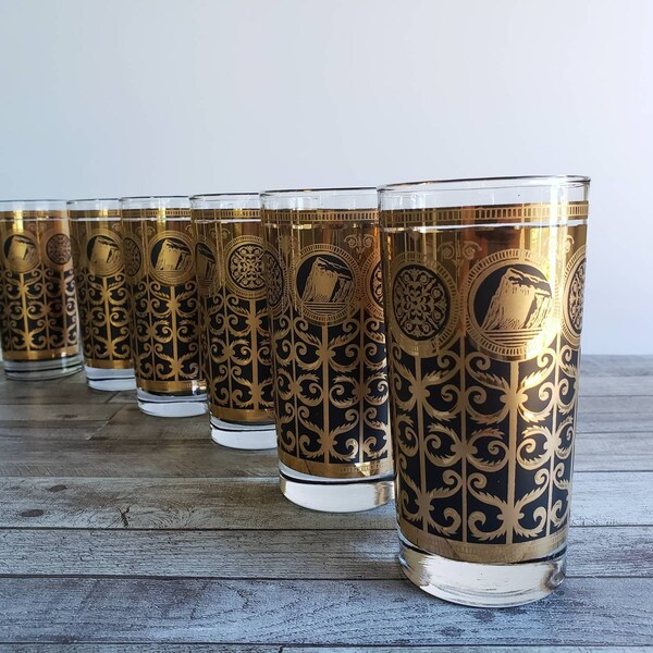 RESERVED Libbey 1960s Gold Highball Glasses, Prudential Rock of Gibraltar Pattern