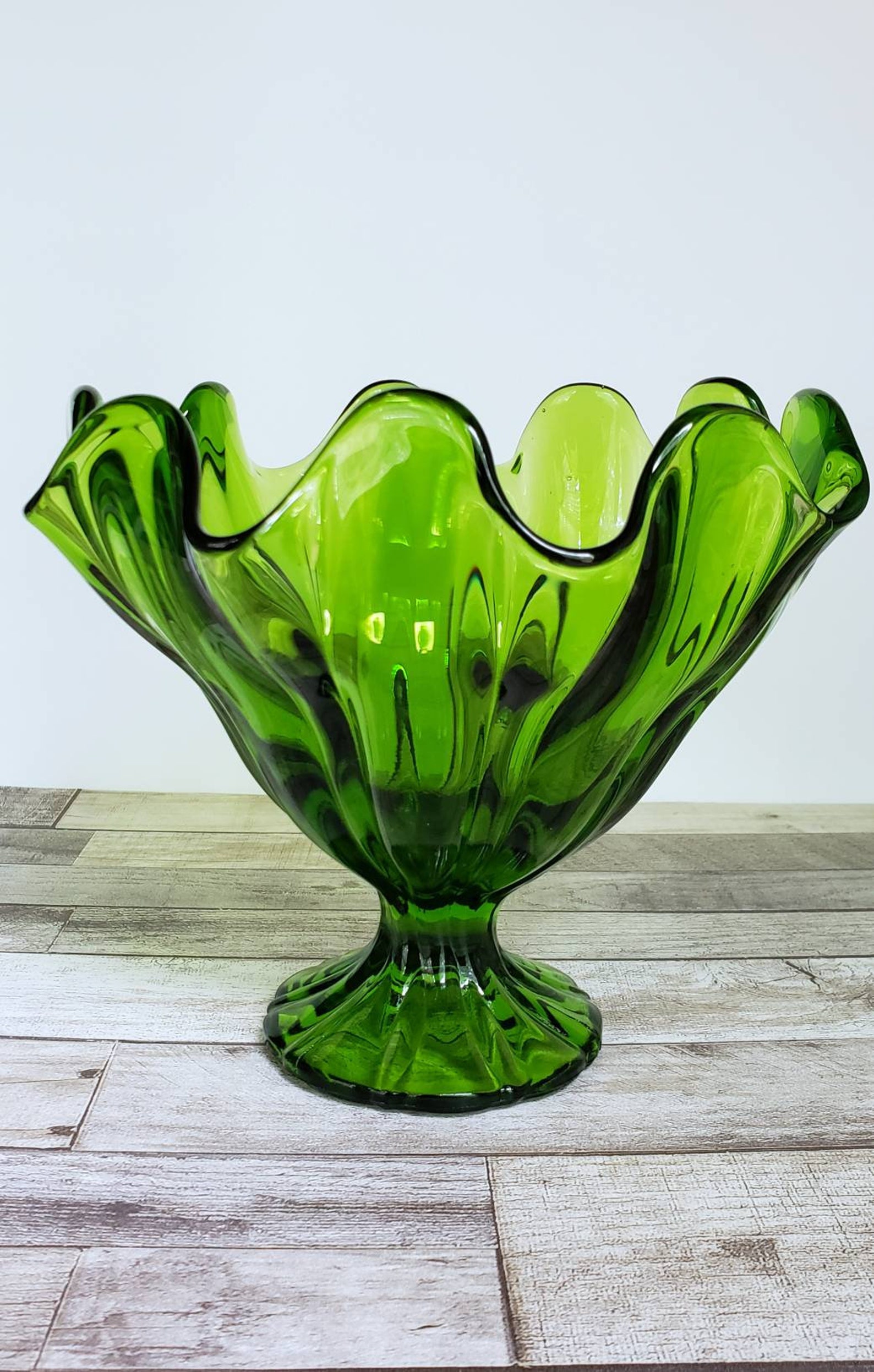 MCM Green Glass Compote Pedestal Bowl with Wavy Edge Etsy