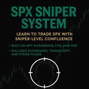 May include: A black and green graphic with the text "SPX SNIPER SYSTEM" in large, bold, white letters. The text "LEARN TO TRADE SPX WITH SNIPER-LEVEL CONFLUENCE" is in smaller, white letters. The text "BUILT ON SMT DIVERGENCE, FVG, AND MSS" and "INCLUDES DASHBOARD, THINKSCRIPT, AND STRIKE PICKER" is in smaller, white letters. A silhouette of a person with a target over their head is in the center of the graphic. The text "START PRINTING LIKE A SNIPER" is in large, gold letters at the bottom of the graphic.