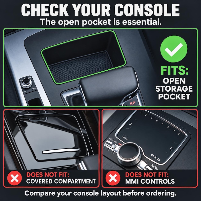 May include: A car centre console guide showing an open storage pocket that fits, alongside examples of a covered compartment and MMI controls that do not fit. Text reads: CHECK YOUR CONSOLE, The open pocket is essential, FITS: OPEN STORAGE POCKET.