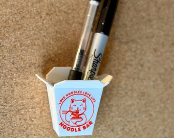 Kawaii Noodle Bar Mini Takeout Box for Cork Boards - Pin-On Pen Holder, Tiny Vase, Cute Cubicle & Office Decor, Includes Tacks