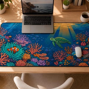 Puede incluir: Una alfombrilla de escritorio rectangular con una vibrante ilustración de un arrecife de coral submarino que incluye una tortuga marina verde, un pez payaso en una anémona y varios corales coloridos. La alfombrilla está sobre un escritorio de madera.