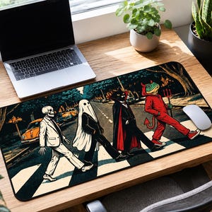 Halloween Band Desk Mat, Funny Abbey Road Computer Mat, Skeleton Ghost Vampire Cat Devil Frog Mousepad XL, Vintage Horror Mouse Pad Extended