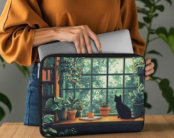 Cat Laptop Sleeve: Black Cat, Plants, Cozy Window - Macbook, Chromebook