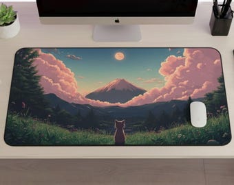 Serene Desk Mat Anime Mouse Pad Gaming Aesthetic Keyboard Mat, Cat Desk Mat Cute Mouse Pad Large Kawaii Desk Pad, Lofi Desk Mat Gaming XL