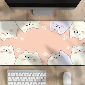 Funny Cat Mouse Pad Kawaii Gaming Desk Mat Large Cartoon Mousepad Pastel Pink Gamer Gift Cat Lady Computer Keyboard Mat, Desk Pad, Cat Decor