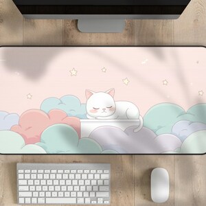 Cute White Cat Mouse Pad Kawaii Gaming Desk Mat Large Cartoon Mousepad Pastel Pink Gamer Gift Cat Lady Computer Keyboard Mat, Cat Desk Pad
