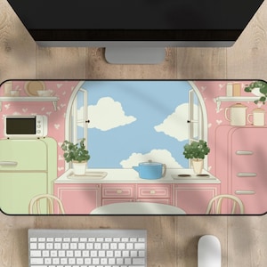 Kitchen Desk Mat Kawaii Gaming Mouse Pad XL Cute Cartoon Mousepad Pastel Pink Gamer Gift Anime Lover Computer Keyboard Mat Cat Desk Decor