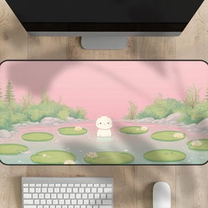 Cat Lily Pond Mouse Pad Kawaii Gaming Desk Mat XL Cute Cartoon Mousepad Pastel Pink Gamer Gift Cat Lover Computer Keyboard Mat Desk Decor