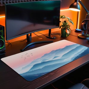 Bohemian Mountain Desk Mat, Aesthetic Foggy Landscape Desk Pad for Office & Home Decor, Keyboard Mat for Gaming, Minimalist MousePad XXL