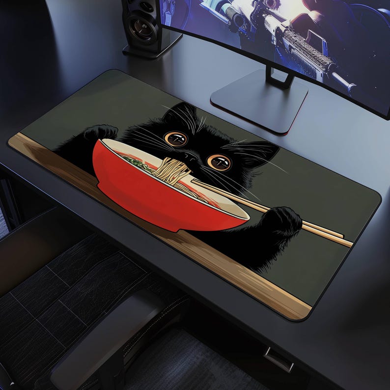 Black Cat Desk Mat Kawaii Anime Style