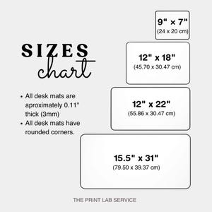 May include: A size chart for desk mats, showing four rectangular sizes with rounded corners. The sizes are 9" x 7", 12" x 18", 12" x 22", and 15.5" x 31". The chart also notes the mats are approximately 0.11" thick and have rounded corners.