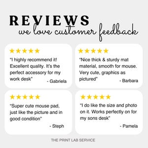 May include: Image featuring customer reviews with star ratings and quotes about a product. The text includes phrases like "Excellent quality" and "Super cute mouse pad." The Print Lab Service logo is at the bottom.