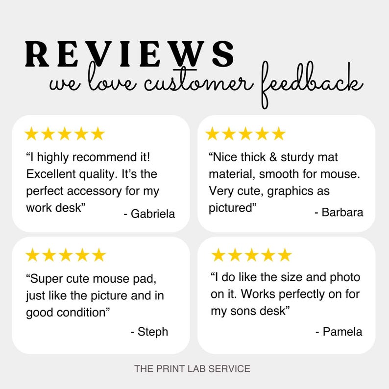 May include: Image featuring customer reviews with star ratings and quotes about a product. The text includes phrases like "Excellent quality" and "Super cute mouse pad." The Print Lab Service logo is at the bottom.