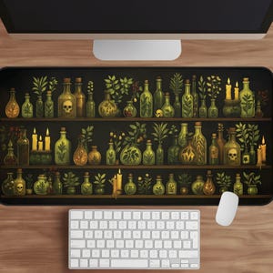 Apothecary Shelf Desk Mat, Dark Cottagecore Mouse Pad XL, Witchy Gaming Mat, Halloween Office Decor, Botanical Workspace, Gift for Gamers