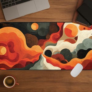 May include: An abstract art mousepad featuring a landscape design in shades of orange, red, brown, and cream. The design includes circular and wavy shapes, resembling mountains and clouds. A white computer mouse is visible on the right.