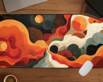 Abstract Desk Mat, Artistic Extended Mouse Pad, Orange Keyboard Mat, Swirling Desk Mat for Office Decor