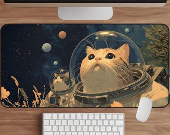Astronaut Cats Desk Mat: Funny Galaxy Kitten Gaming Pad