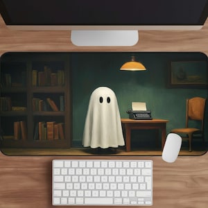Ghost Writer Desk Mat: Spooky Bookish Mouse Pad for Home Office Decor