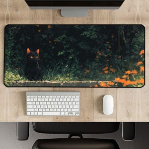 Dark Garden Katze Schreibtischmatte, Krabbelmatte, Schwarze Katze Mousepad Lofi, Ästhetische Mausunterlage XXL, Katze Keyboard Mat, Geschenk für Katzenliebhaber