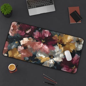 Abstract Floral Desk Mat, Large Painterly Flower Mouse Pad in Burgundy, Gold & Blush, Artistic Desk Decor image 3