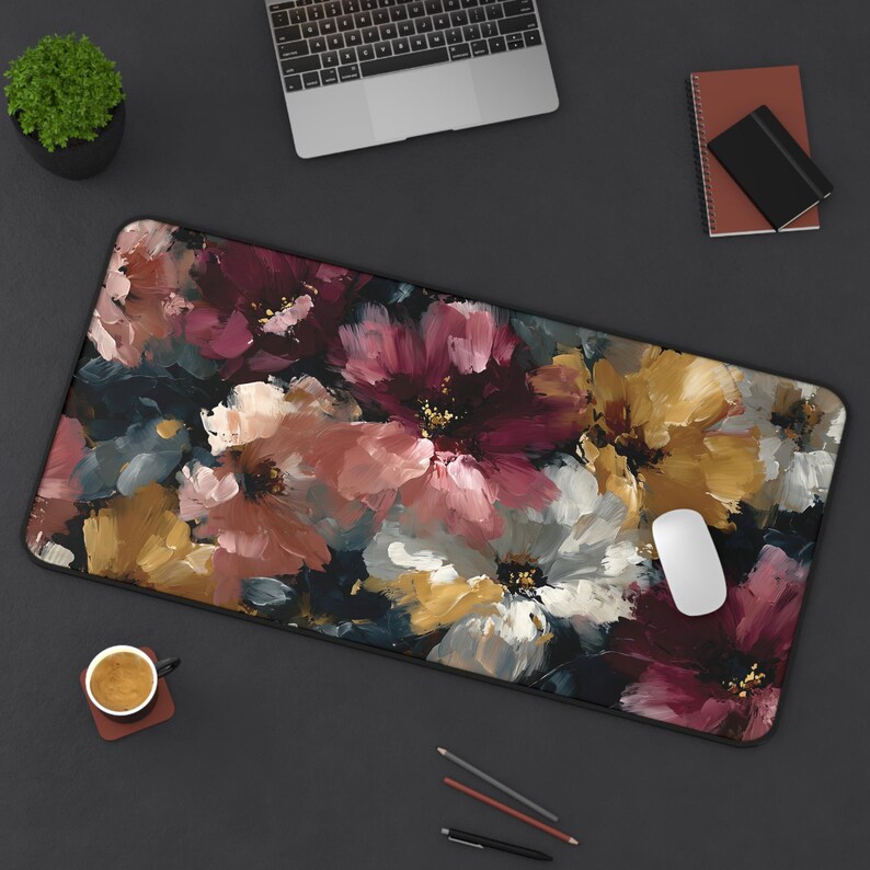 Abstract Floral Desk Mat, Large Painterly Flower Mouse Pad in Burgundy, Gold & Blush, Artistic Desk Decor image 3