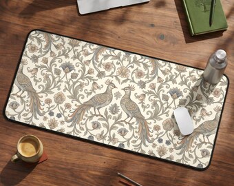 Vintage Peacock Mouse Pad, William Morris Style Desk Mat, Art Nouveau Office Decor, Aesthetic Floral Blotter, Cottagecore Gaming Accessories