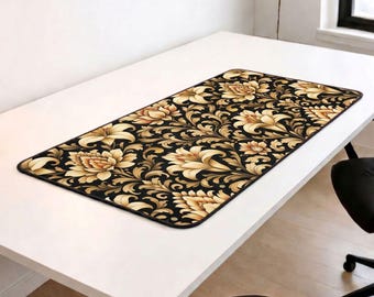 Black Gold Desk Mat, Damask Mouse Pad, Baroque Lily Floral Mousepad, Vintage Gothic Office Decor, Luxury Dark Academia Desk Plotter