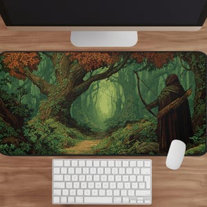 May include: A pixelated art mousepad featuring a forest scene with a path leading into the distance. A figure with a bow and arrow stands on the right. The color palette includes greens, browns, and oranges.