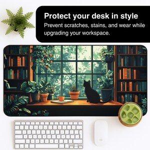 Cat Desk Mat Bookshelves Mousepad XL, Lofi Dark Academia Desk Pad, Aesthetic Keyboard Mat XXL, Cute Gift Idea for Cat Lovers & Bookworms image 4