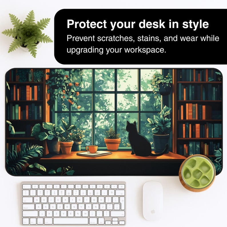 Cat Desk Mat Bookshelves Mousepad XL, Lofi Dark Academia Desk Pad, Aesthetic Keyboard Mat XXL, Cute Gift Idea for Cat Lovers & Bookworms image 4