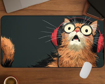 Funny Cat Desk Mat, Cute Gaming Keyboard Pad, Oversized Mousepad, Calico Kitty Music Lover Gift, Aesthetic Office Decor