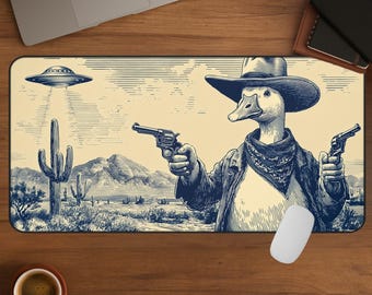 Dumme Gans Cowboy Schreibtischmatte, Vintage Sci-Fi Western Mauspad, Alien UFO erweitert Computer Matte, Ente Tastaturmatte, lustige Schreibtischunterlage XXL