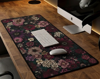 Dark Cottagecore Desk Mat, Burgundy Floral Desk Pad, Botanical Mouse Pad, Vintage Desk Mat, Wildflower Mousepad, Nature Desk Decor