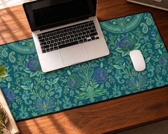 Teal Damask Desk Mat, Blue Floral Large Mouse Pad, Vintage Art Nouveau Computer Mat XL, Gold Paisley Desk Blotter, Gift for Her Office Decor