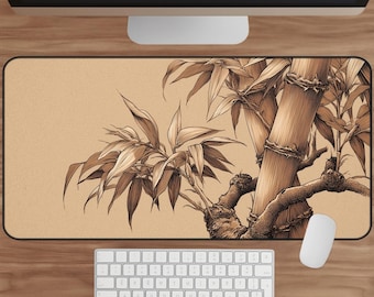Bamboo Line Art Desk Mat Serene: Beige & Minimalist Zen Japanese Mouse Pad for Office Decor and Gamers Setup