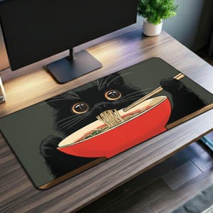 Funny Ramen Cat Desk Mat, Gaming Mouse Pad XXL, Noodle Black Cat Large Desk Pad, Kawaii Anime Keyboard Mat, Cat Lovers Gamers & Office Decor image 1