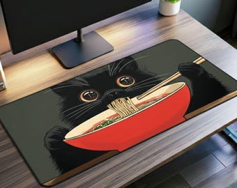 Funny Ramen Cat Desk Mat, Gaming Mouse Pad XXL, Noodle Black Cat Large Desk Pad, Kawaii Anime Keyboard Mat, Cat Lovers Gamers & Office Decor