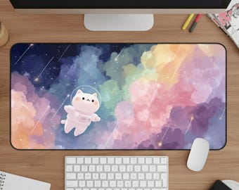 Kawaii Desk Mat, Space Cat Mouse Pad, Galactic Desk Pad XXL, Catstronaut Keyboard Mat, Gift for Gamers Setup, Desk Accessory Office Decor