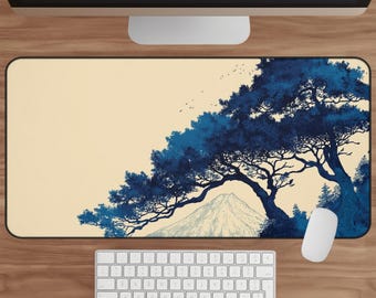 Mount Fuji Desk Mat, Japanese Ukiyo-e Pine Tree Mouse Pad, Minimalist Blue and Beige Office Decor, Large Gaming Mat