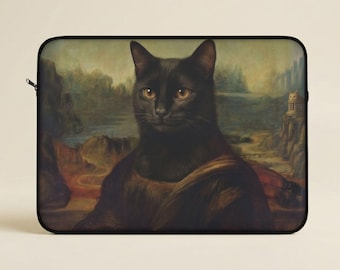 Black Cat Mona Lisa Laptop Sleeve, Funny Renaissance Art MacBook Case, Famous Painting HP Lenovo Bag, Dark Academia Kitten Gift, 12" 13" 15"