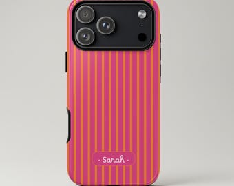 Capa de celular listrada rosa e laranja: personalizada para iPhone 17, 16, 15, Galaxy S25, S24, S23, Pixel 9, 8 e 7
