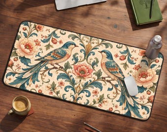 Chinoiserie Desk Mat, Vintage Bird Mouse Pad Large, Floral Botanical Office Decor, Aesthetic Baroque Desk Blotter, Pink and Blue Deskpad