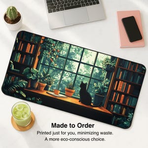 Cat Desk Mat Bookshelves Mousepad XL, Lofi Dark Academia Desk Pad, Aesthetic Keyboard Mat XXL, Cute Gift Idea for Cat Lovers & Bookworms image 3