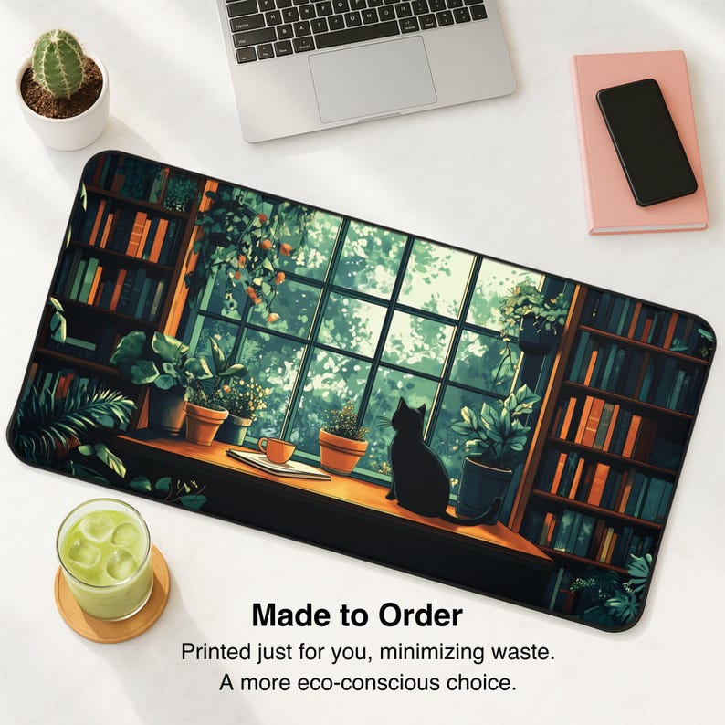 Cat Desk Mat Bookshelves Mousepad XL, Lofi Dark Academia Desk Pad, Aesthetic Keyboard Mat XXL, Cute Gift Idea for Cat Lovers & Bookworms image 3