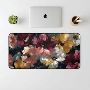 Abstract Floral Desk Mat, Large Painterly Flower Mouse Pad in Burgundy, Gold & Blush, Artistic Desk Decor image 2
