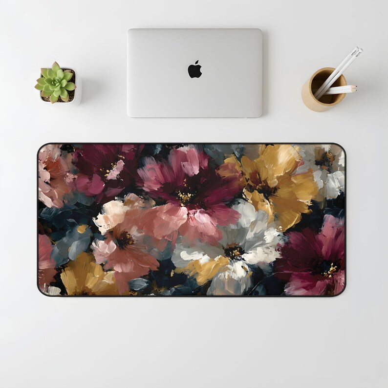 Abstract Floral Desk Mat, Large Painterly Flower Mouse Pad in Burgundy, Gold & Blush, Artistic Desk Decor image 2