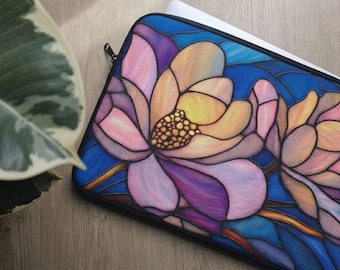 Floral Laptop Sleeve, Printed Stained Glass Effect, Lotus Flower Tech Case, Blue and Purple MacBook Bag, Artistic Computer Cover